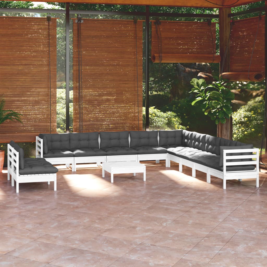 12-tlg. Garten-Lounge-Set mit Kissen Weiss Massivholz Kiefer